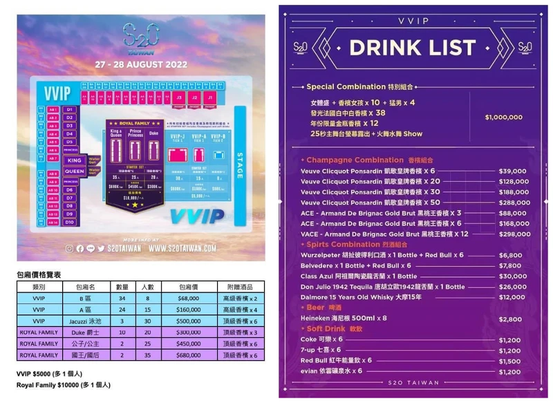 2022「S2O Taiwan潑水音樂祭」包廂價格與酒水費用 2022「S2O Taiwan潑水音樂祭」包廂價格與酒水費用