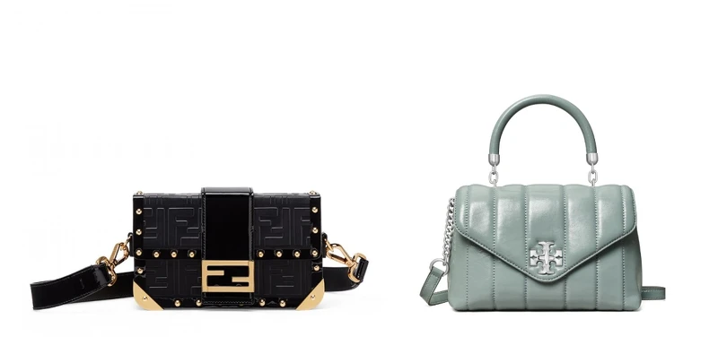 (限量x獨家) FENDI金色鉚釘Baguette Trunk，建議售價NT118,000；Tory Burch 獨家Kira漆皮小型手提包，NT27,900。