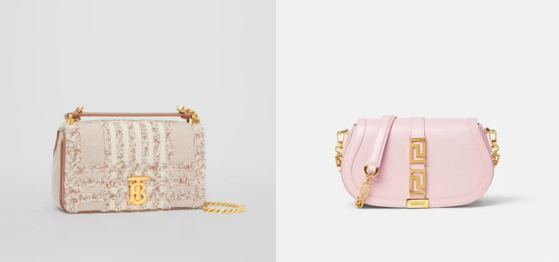 Burberry小型針扎帆布Lola包(自然色)；VERSACE粉色Greca Goddess肩背包。