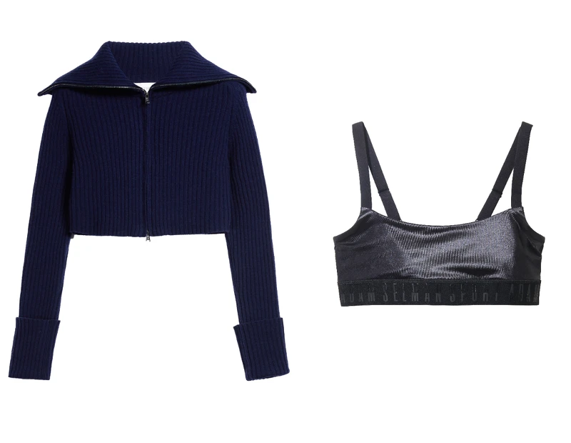 SPORTMAX 短版水手領針織上衣,NT33,800;ASPORT Adam Selman Sport黑色亮面平口運動內衣推薦價3,580元。 SPORTMAX 短版水手領針織上衣,NT33,800;ASPORT Adam Selman Sport黑色亮面平口運動內衣推薦價3,580元。