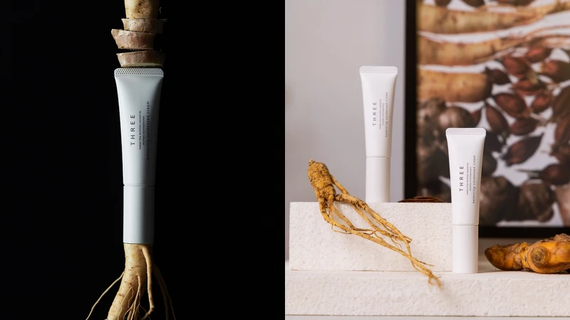 THREE平衡凝萃眼唇霜添加富含皂苷的人蔘萃取精華、具有溫熱及刺激感辛香的暖薑精油。