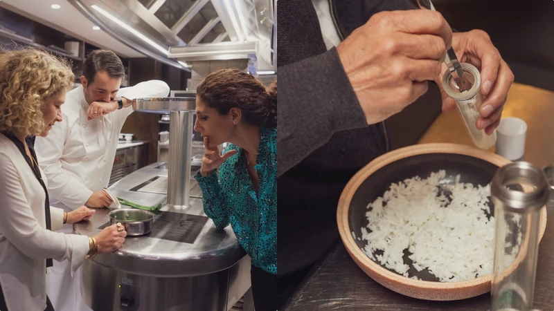 (左) Jo Malone London全球香氛研發總監Celine Roux、米其林名廚 Jean-François Piège與調香師Mathilde Bijaoui、(右)名廚系列紫羅蘭與佛手柑香氛工藝蠟燭 以米飯為靈感傳遞溫暖氣息。 (左) Jo Malone London全球香氛研發總監Celine Roux、米其林名廚 Jean-François Piège與調香師Mathilde Bijaoui、(右)名廚系列紫羅蘭與佛手柑香氛工藝蠟燭 以米飯為靈感傳遞溫暖氣息。