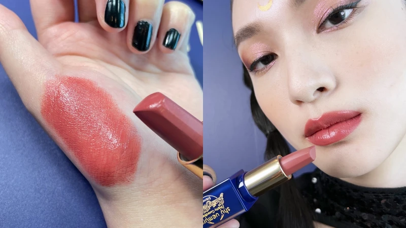 shu uemura植村秀x《美少女戰士Eternal》劇場版無色限緞光極潤唇膏(#粉棕變色器)試色。