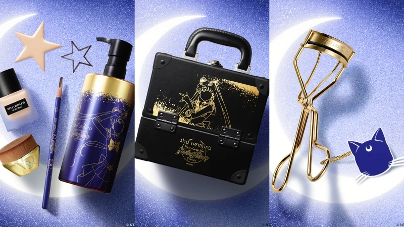 shu uemura植村秀x《美少女戰士Eternal》劇場版武士刀眉筆(#灰棕)，NT900、全能奇蹟金萃潔顏油150ml，NT1,600、450ml，NT3,650、#55零刷痕粉底刷，NT1,900、睫毛夾，NT650、彩妝箱，NT9,500