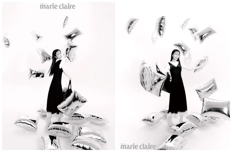 黑白連身洋裝、黑色垃圾袋造型束口包，both by Balenciaga。