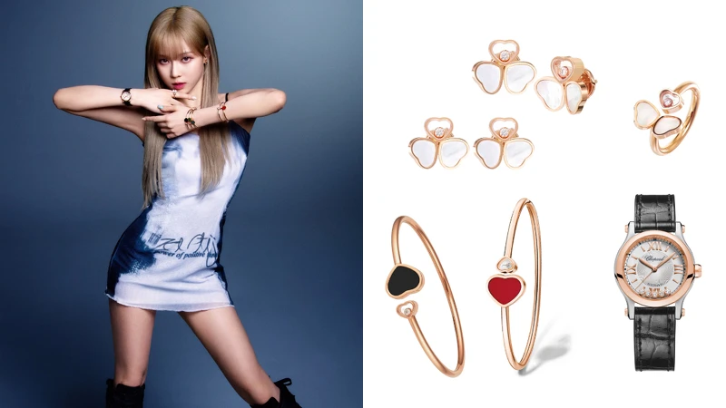Chopard x aespa Winter穿戴單品:Happy Sport系列腕錶(精鋼/18 K玫瑰金錶殼:滑動鑽石五顆)、Happy Hearts系列戒指(18 K玫瑰金和珍珠母貝)、Happy Hearts系列耳環(18 K玫瑰金和珍珠母貝)、Happy Hearts系列手環(18 K玫瑰金配紅心裝飾;18K玫瑰金和縞瑪瑙)。 Chopard x aespa Winter穿戴單品:Happy Sport系列腕錶(精鋼/18 K玫瑰金錶殼:滑動鑽石五顆)、Happy Hearts系列戒指(18 K玫瑰金和珍珠母貝)、Happy Hearts系列耳環(18 K玫瑰金和珍珠母貝)、Happy Hearts系列手環(18 K玫瑰金配紅心裝飾;18K玫瑰金和縞瑪瑙)。