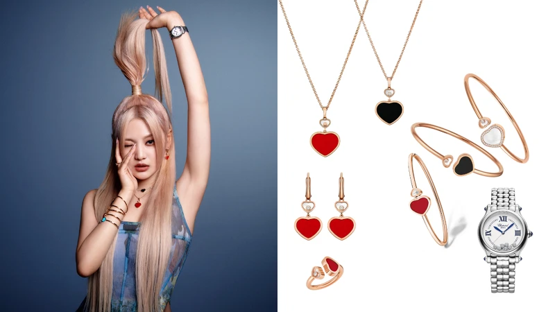 Chopard x aespa NingNing穿戴單品:Happy Sport系列腕錶(限量1993只,精鋼錶殼33mm /7顆滑動鑽/石/錶耳鑲蛋面形藍寶)、Happy Hearts系列項鍊(18K玫瑰金配紅心裝飾、18K玫瑰金配縞瑪瑙裝飾)、Happy Hearts系列戒指(18K玫瑰金配紅心裝飾)、Happy Hearts系列耳環(18 K玫瑰金配紅心裝飾)、Happy Hearts系列手環(18 K玫瑰金和珍珠母貝;18 K玫瑰金和縞瑪瑙;18 K玫瑰金配紅心裝飾)。 Chopard x aespa NingNing穿戴單品:Happy Sport系列腕錶(限量1993只,精鋼錶殼33mm /7顆滑動鑽/石/錶耳鑲蛋面形藍寶)、Happy Hearts系列項鍊(18K玫瑰金配紅心裝飾、18K玫瑰金配縞瑪瑙裝飾)、Happy Hearts系列戒指(18K玫瑰金配紅心裝飾)、Happy Hearts系列耳環(18 K玫瑰金配紅心裝飾)、Happy Hearts系列手環(18 K玫瑰金和珍珠母貝;18 K玫瑰金和縞瑪瑙;18 K玫瑰金配紅心裝飾)。