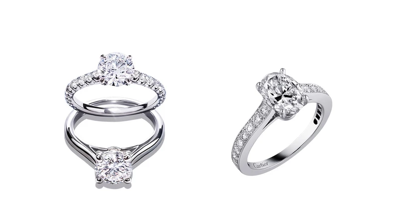 (左)Solitaire 1895鑽戒系列 (右) Solitaire 1895包鑲鑽石戒指,鉑金,橢圓形切割鑽石。 (左)Solitaire 1895鑽戒系列 (右) Solitaire 1895包鑲鑽石戒指,鉑金,橢圓形切割鑽石。