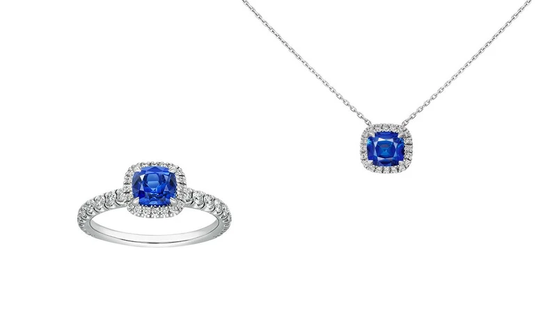 (左)Cartier Destinée彩色寶石戒指,鉑金,藍寶石,鑽石。 (右)Cartier Destinée彩色寶石項鍊,鉑金,藍寶石,鑽石。 (左)Cartier Destinée彩色寶石戒指,鉑金,藍寶石,鑽石。 (右)Cartier Destinée彩色寶石項鍊,鉑金,藍寶石,鑽石。