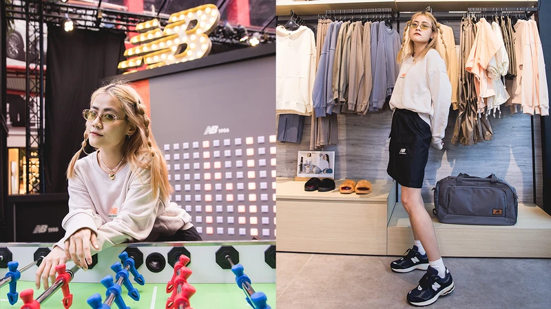 Iris身穿：NB聯名長袖衛衣NT 880、多功能工裝短裙NT2,680，2002R鞋款NT4,680。