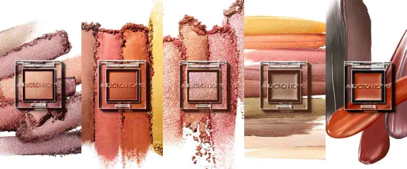 ADDICTION奧可玹魅癮眼采共有五種質地，左起分別為珠光、霧面、閃爍光、天鵝絨、絲綢光。