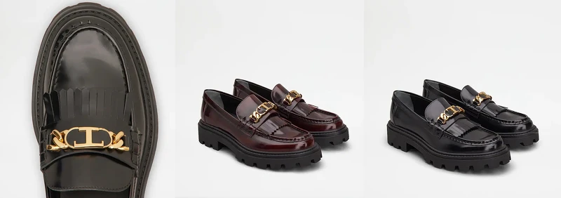 TOD’S招牌T Chain飾釦、酒紅和黑色厚底樂福鞋,NT29,300 TOD’S招牌T Chain飾釦、酒紅和黑色厚底樂福鞋,NT29,300