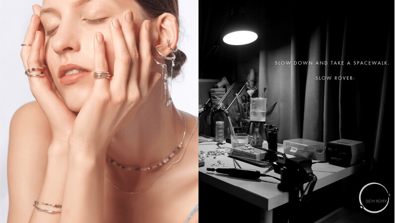 SS23宇宙冰晶系列以宇宙中的神祕冰谷為靈感發想，運用蠟雕鑄造技法表現金屬的流線質感，搭配赫基蒙水晶與天然半寶石營造冰透輕盈感。