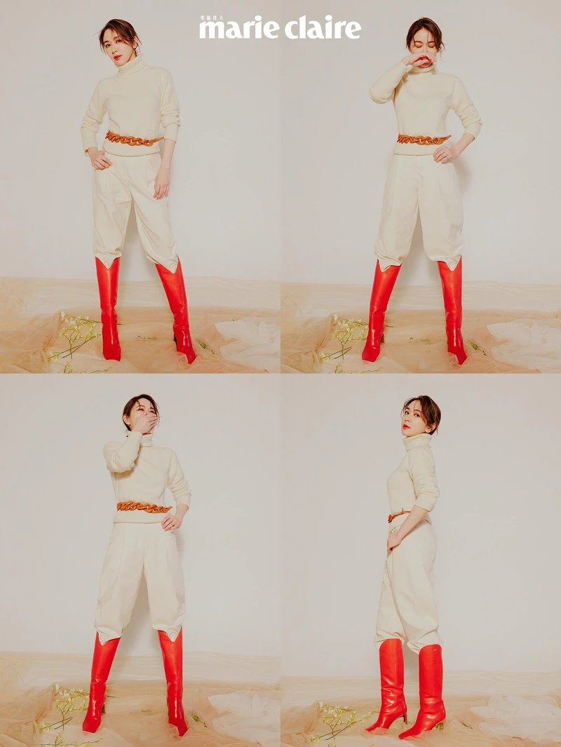 白色高領毛衣、白色西裝長褲、紅色跟靴,All by Longchamp;咖啡色腰帶,Salvatore Ferragam。 白色高領毛衣、白色西裝長褲、紅色跟靴,All by Longchamp;咖啡色腰帶,Salvatore Ferragam。