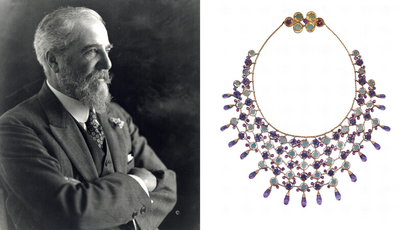 右/葡萄籐項鏈,1906年,Louis Comfort Tiffany設計。設計原型來自於印度次大陸的民間珠寶,將紫水晶、玻璃墜飾和翡翠融合在一起,從黃金打造的鏈索上垂墜而下,宛若晶瑩剔透的葡萄。 右/葡萄籐項鏈,1906年,Louis Comfort Tiffany設計。設計原型來自於印度次大陸的民間珠寶,將紫水晶、玻璃墜飾和翡翠融合在一起,從黃金打造的鏈索上垂墜而下,宛若晶瑩剔透的葡萄。