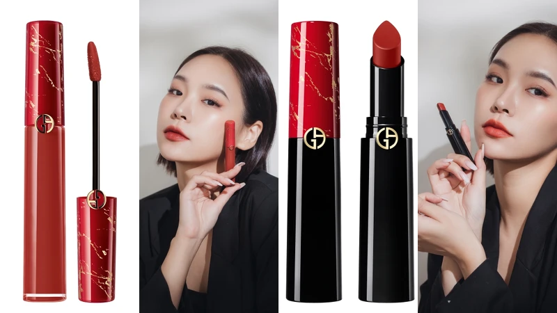 Giorgio Armani奢華絲絨訂製唇萃(#405緋紅禮帽)6.5ml,NT1,400、奢華絲緞訂製唇膏(#405緋紅禮帽)3.1g,NT1,450 Giorgio Armani奢華絲絨訂製唇萃(#405緋紅禮帽)6.5ml,NT1,400、奢華絲緞訂製唇膏(#405緋紅禮帽)3.1g,NT1,450