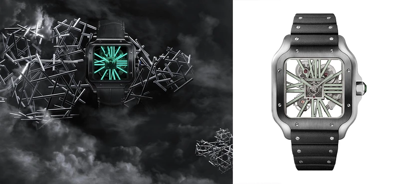(左) Santos de Cartier鏤空腕錶Super-Luminova夜光塗層情境圖。 (右) 台北101旗艦店限定錶款Santos de Cartier鏤空綠玉石腕錶，大型款。