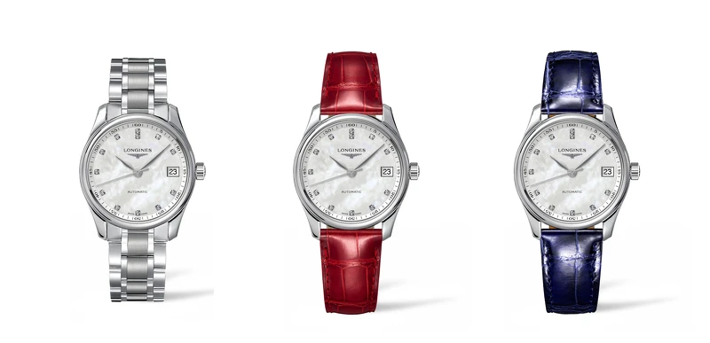 Longines浪琴表Master巨擘系列白色珍珠母貝面盤不鏽鋼錶帶女士腕錶、白色珍珠母貝面盤紅色皮革錶帶女士腕錶、白色珍珠母貝面盤藍色皮革錶帶女士腕錶,各NT79,900。 Longines浪琴表Master巨擘系列白色珍珠母貝面盤不鏽鋼錶帶女士腕錶、白色珍珠母貝面盤紅色皮革錶帶女士腕錶、白色珍珠母貝面盤藍色皮革錶帶女士腕錶,各NT79,900。