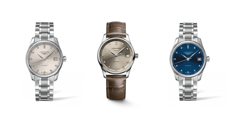 Longines浪琴表Master巨擘系列香檳金色陽光放射紋面盤不鏽鋼錶帶女士腕錶、金色陽光放射紋面盤褐灰色皮革錶帶女士腕錶、藍色陽光放射紋面盤不鏽鋼錶帶女士腕錶,各NT78,000。 Longines浪琴表Master巨擘系列香檳金色陽光放射紋面盤不鏽鋼錶帶女士腕錶、金色陽光放射紋面盤褐灰色皮革錶帶女士腕錶、藍色陽光放射紋面盤不鏽鋼錶帶女士腕錶,各NT78,000。