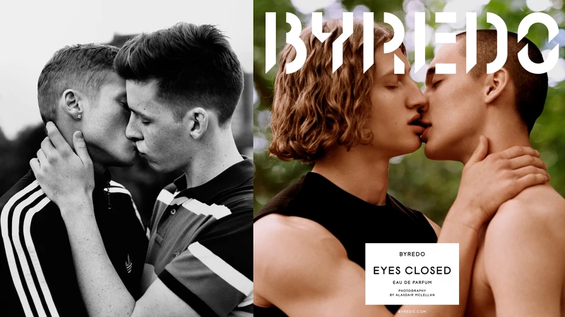 (左)英國攝影大師Alasdair McLellan作品〈The Perfect Kiss〉、(右)Byredo無型之形淡香精視覺。