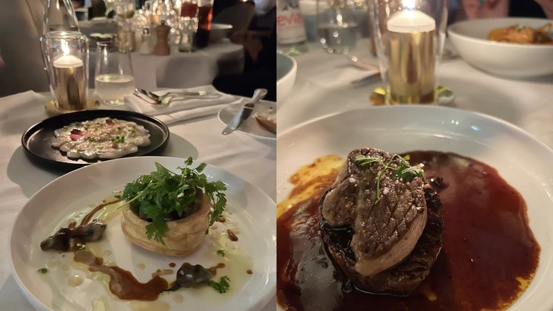 (左)開胃菜、(右)鵝肝牛排。 (左)開胃菜、(右)鵝肝牛排。