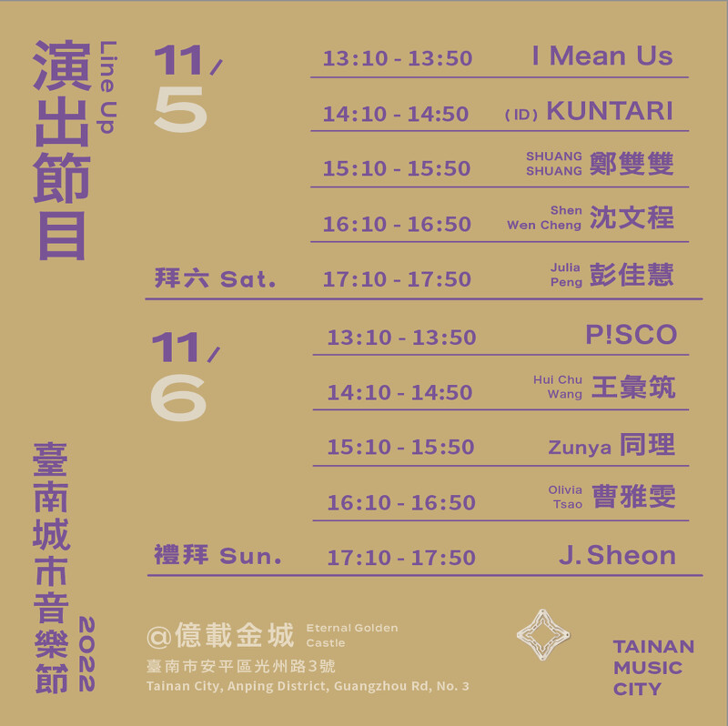 2022臺南城市音樂節演出卡司時刻表