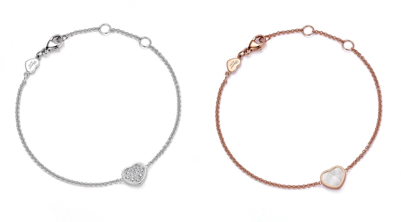 My Happy Hearts系列手鍊，18K白金手鍊鑲嵌鑽石裝飾；My Happy Hearts 系列手鍊18K玫瑰金手鍊鑲嵌白色珍珠母貝。 