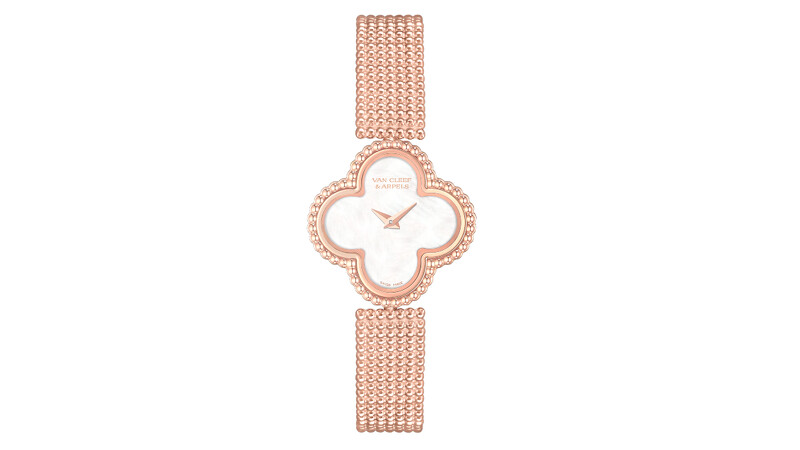 Sweet Alhambra腕錶，23毫米，玫瑰金，白色珍珠母，可轉換式玫瑰金錶鍊，瑞士石英機芯。