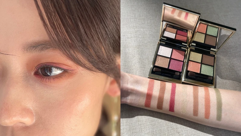 左:120 冬薔薇妝容、右:兩盤手部試色。 左:120 冬薔薇妝容、右:兩盤手部試色。