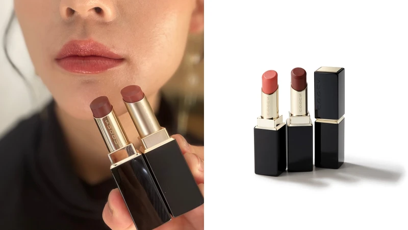 左圖:潤唇膏疊擦唇膏125、右圖:SUQQU晶采艷澤唇膏(左)#124花冷 (右)#125寂寥,各NT1,900 左圖:潤唇膏疊擦唇膏125、右圖:SUQQU晶采艷澤唇膏(左)#124花冷 (右)#125寂寥,各NT1,900