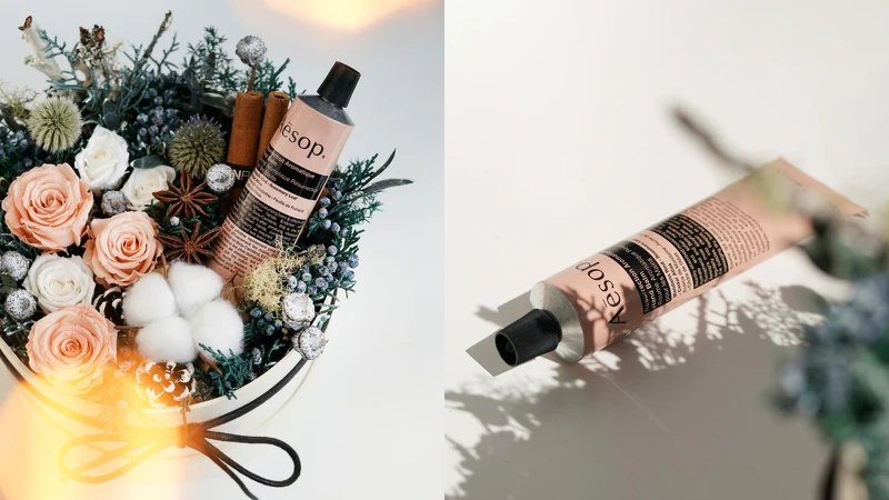 Aesop賦活芳香護手霜｜內容物：白粉色系恆星玫瑰、山防風、肉桂、棉花、乾燥材料， 總尺寸約 26×28×26(H)cm