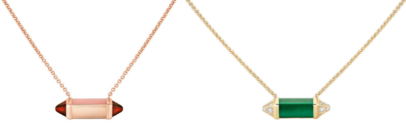 LES BERLINGOTS DE CARTIER項鍊,玫瑰金與粉紅色玉髓(左)。黃金與孔雀石(右)。 LES BERLINGOTS DE CARTIER項鍊,玫瑰金與粉紅色玉髓(左)。黃金與孔雀石(右)。