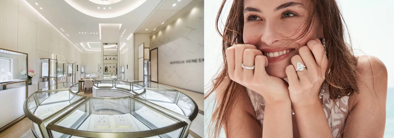 圖說:GRAFF格拉夫SOGO復興館珠寶店內的圓形珠寶櫃中陳列多款經典的鑽石婚嫁系列(左)GRAFF格拉夫2022年全新婚嫁系列形象廣告(右) 圖說:GRAFF格拉夫SOGO復興館珠寶店內的圓形珠寶櫃中陳列多款經典的鑽石婚嫁系列(左)GRAFF格拉夫2022年全新婚嫁系列形象廣告(右)