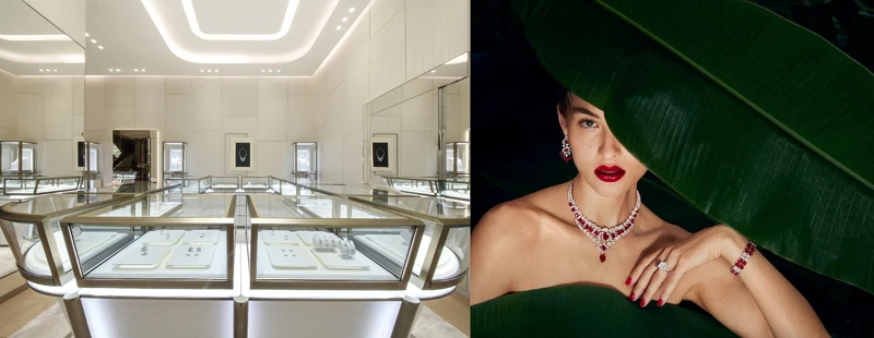 GRAFF格拉夫SOGO復興館珠寶店內的方形珠寶櫃中陳列多款華麗珠寶系列(左)GRAFF格拉夫2022年全新高級珠寶系列形象廣告(右) GRAFF格拉夫SOGO復興館珠寶店內的方形珠寶櫃中陳列多款華麗珠寶系列(左)GRAFF格拉夫2022年全新高級珠寶系列形象廣告(右)