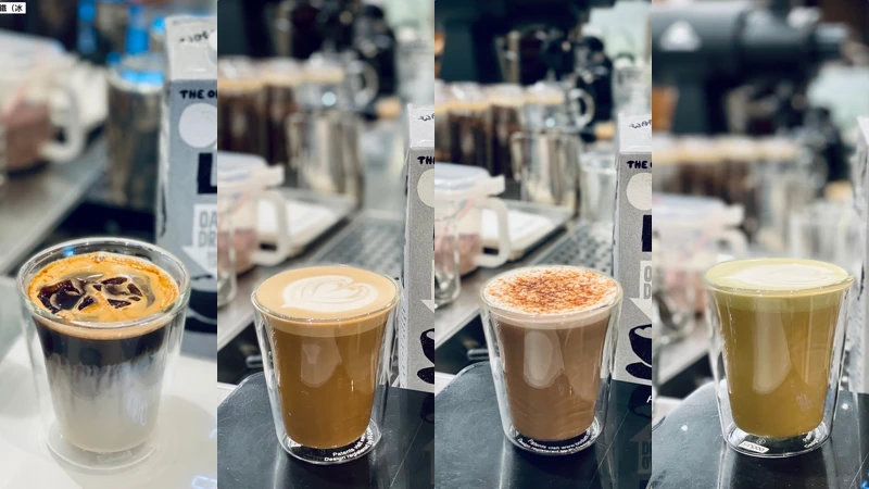 REC COFFEE(左起)冷萃燕麥奶、原味燕麥拿鐵、黑糖可可燕麥奶、抹茶燕麥拿鐵。