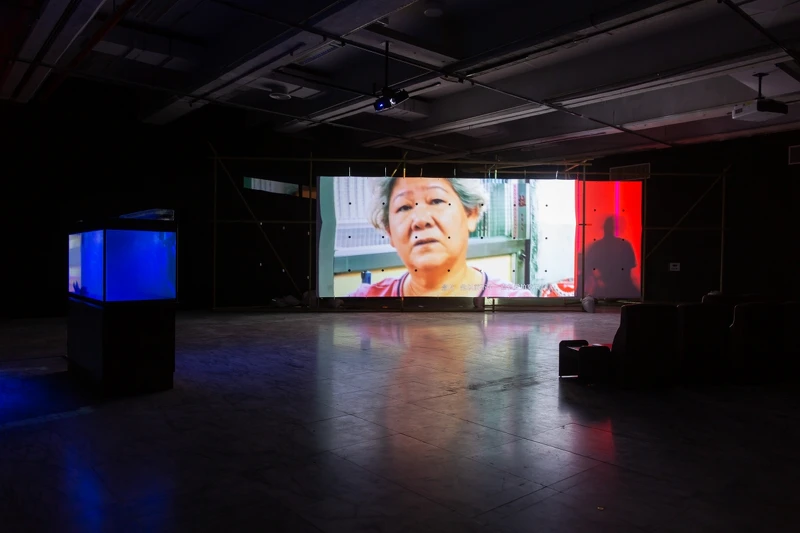 播放著藝術家與其父親、母親的訪談對話。 播放著藝術家與其父親、母親的訪談對話。