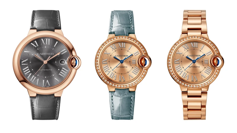 Ballon Bleu De Cartier腕錶，40毫米，自動機芯，18K玫瑰金，皮革錶帶；Ballon Bleu De Cartier腕錶，33毫米，自動機芯，18K玫瑰金，鑽石，皮革錶帶；Ballon Bleu De Cartier腕錶，33毫米，自動機芯，18K玫瑰金，鑽石。