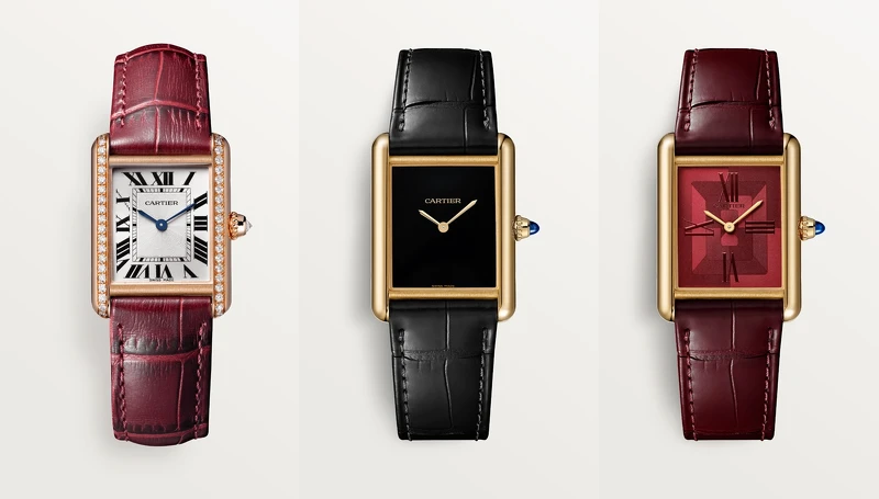 Tank Louis Cartier腕錶，手動上鍊機械機芯，玫瑰金，鑽石，皮革；Tank Louis Cartier腕錶，手動上鍊機械機芯，黃K金，皮革錶帶；Tank Louis Cartier腕錶，手動上鍊機械機芯，黃K金，皮革錶帶。