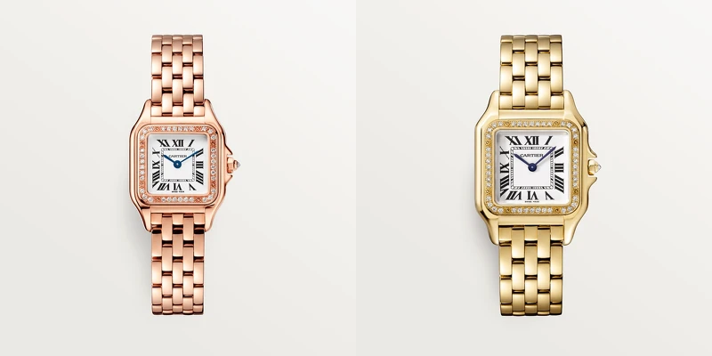 Panthère De Cartier美洲豹腕錶，石英機芯，黃K金，鑽石；Panthère De Cartier美洲豹腕錶，石英機芯，黃K金，鑽石。