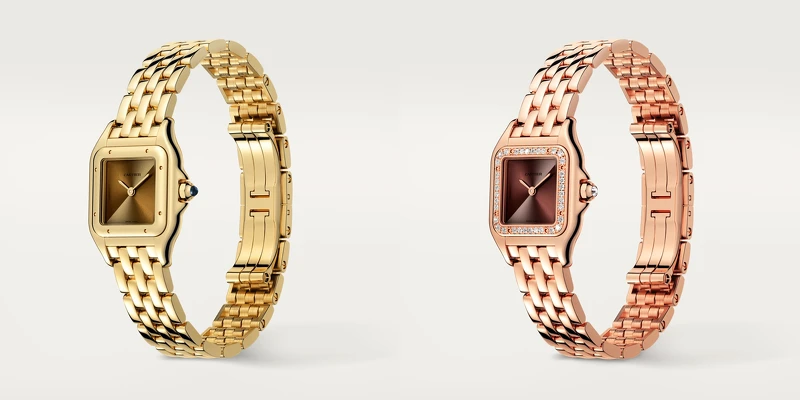 Panthère De Cartier美洲豹腕錶，石英機芯，黃K金、金色和金棕色漸變色錶盤；Panthère De Cartier美洲豹腕錶，石英機芯，玫瑰金，鑽石金莓紅色和棕色漸變色錶盤。