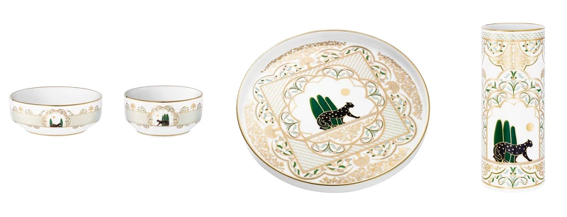 Panthère de Cartier美洲豹碗，參考價格約NT$ 15,000；Panthère de Cartier美洲豹圓形托盤，參考價格約NT$ 17,700；Panthère de Cartier美洲豹花瓶，參考價格約NT$ 30,200