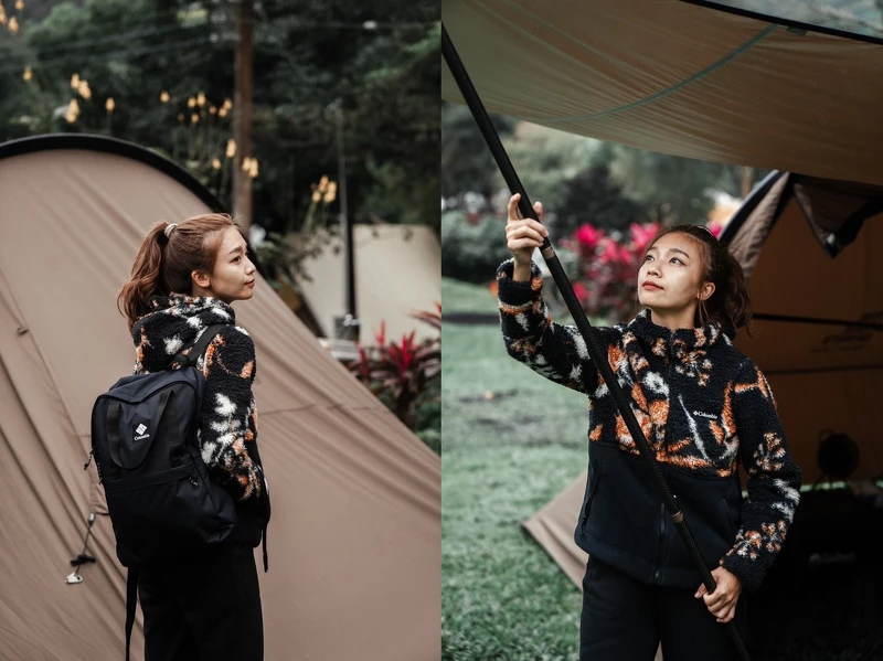 刷毛連帽外套、後背包 (可放置15”筆電),all by Columbia。 刷毛連帽外套、後背包 (可放置15”筆電),all by Columbia。