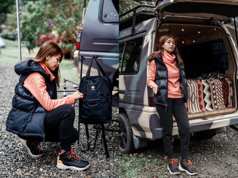 高領長袖上衣、黑色羽絨背心、長褲,防水高筒健走鞋,後背包 (可放置15”筆電) ,all by Columbia。 高領長袖上衣、黑色羽絨背心、長褲,防水高筒健走鞋,後背包 (可放置15”筆電) ,all by Columbia。