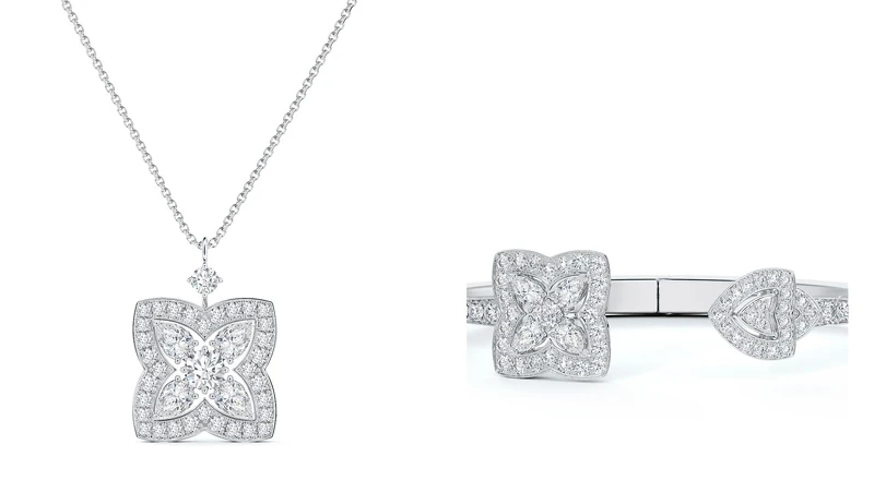 (左)De Beers全新Enchanted Lotus 18K白金鑽石吊墜項鍊，鑽石總重約2.96克拉，售價約新台幣$ 895,000、（右）全新Enchanted Lotus18K白金開放式鑽石手鐲，鑽石總重約 2.52 克拉，售價約新台幣$ 895,000 