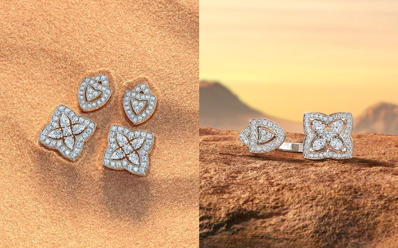 (左) 全新Enchanted Lotus 垂墜式鑽石耳環，鑽石總重約 3.40 克拉，售價約新台幣$ 895,000、（右）全新Enchanted Lotus 18K白金鑽石耳釘，鑽石總重約1.37克拉，售價約新台幣$ 327,000 