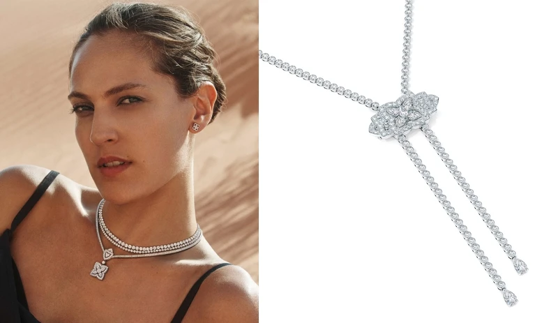 (左)全新Enchanted Lotus 高級珠寶鑽石吊墜項鍊，鑽石總重約 6.64 克拉，訂價約新台幣$ 2,620,000、(右) 全新 Enchanted Lotus 高級珠寶鑽石胸針(可搭配包鑲鑽石項鍊佩戴)，胸針鑽石總重約 3.86 克拉，訂價約 NT$ 1,635,000