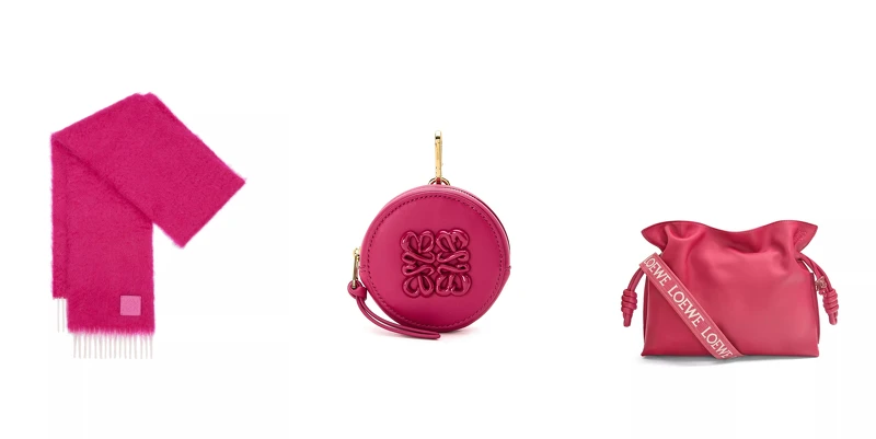 （左至右）馬海毛圍巾，NT$11,000／Anagram牛皮零錢包，售價店洽／Flamenco肩背手拿包，NT$93,000