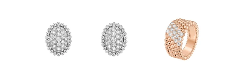 Perlée diamonds白K金密鑲鑽石耳環、Perlée couleurs 玫瑰金5排鑲鑽戒指。 Perlée diamonds白K金密鑲鑽石耳環、Perlée couleurs 玫瑰金5排鑲鑽戒指。