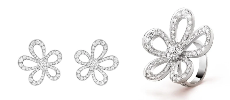 Flowerlace系列白K金鑽石耳環、Flowerlace系列白K金鑽石戒指。 Flowerlace系列白K金鑽石耳環、Flowerlace系列白K金鑽石戒指。