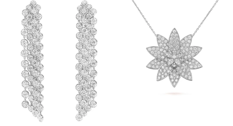 Palmyre系列白K金鑽石耳環、Lotus系列白K金鑽石項鍊。 Palmyre系列白K金鑽石耳環、Lotus系列白K金鑽石項鍊。